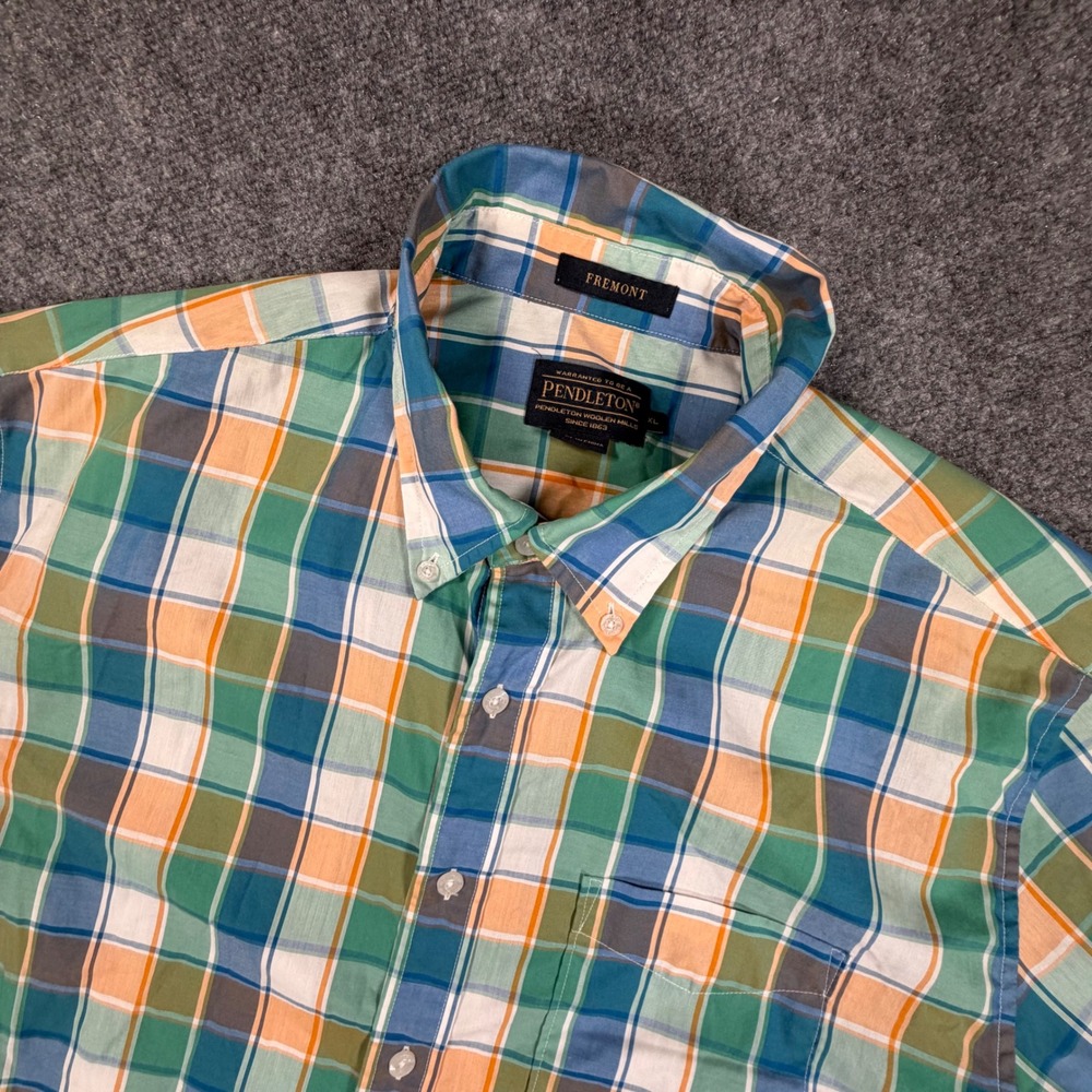Pendleton Fremont Mens XL S/S Plaid Button Down Shirt Green Blue Orange 0787